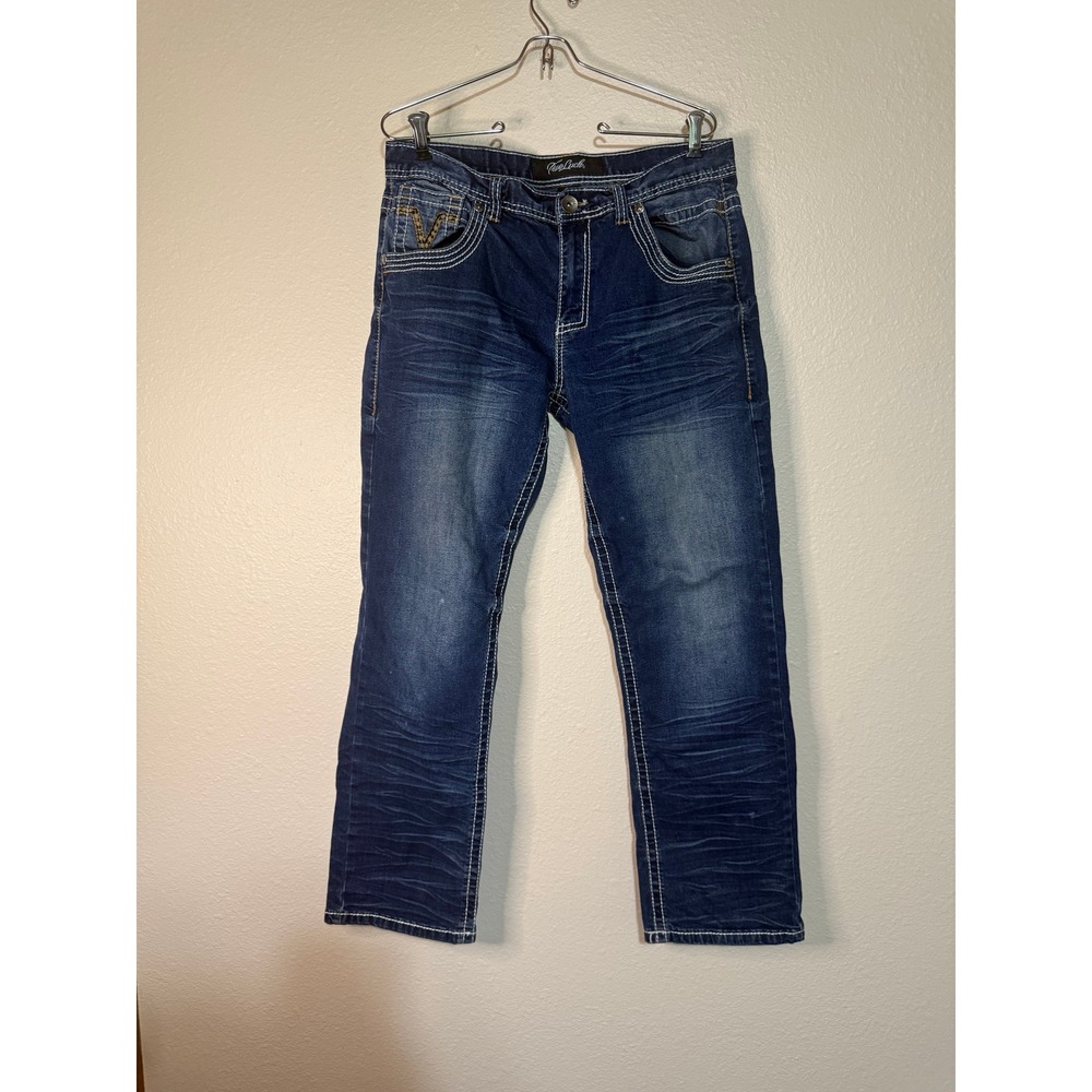True Luck Mens Straight Leg Jeans Dark Wash Contrast Stitch Blue 32x30 32/30